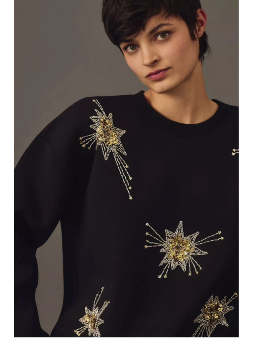 Anthropologie Sequin Star Sweatshirt Black Gold Star Embellished size S